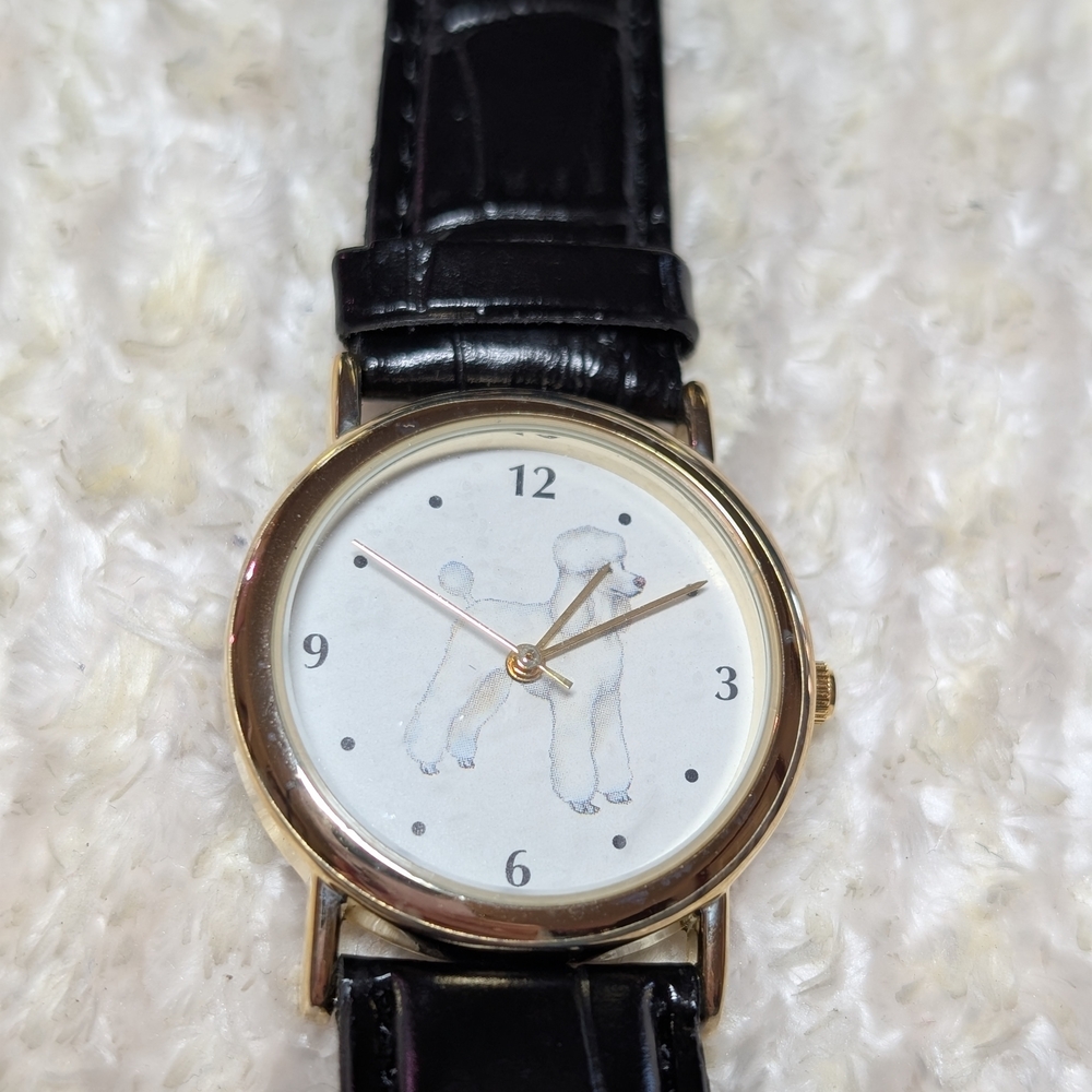 Gold-Tone Poodle Dial Watch with Black Leather Strap